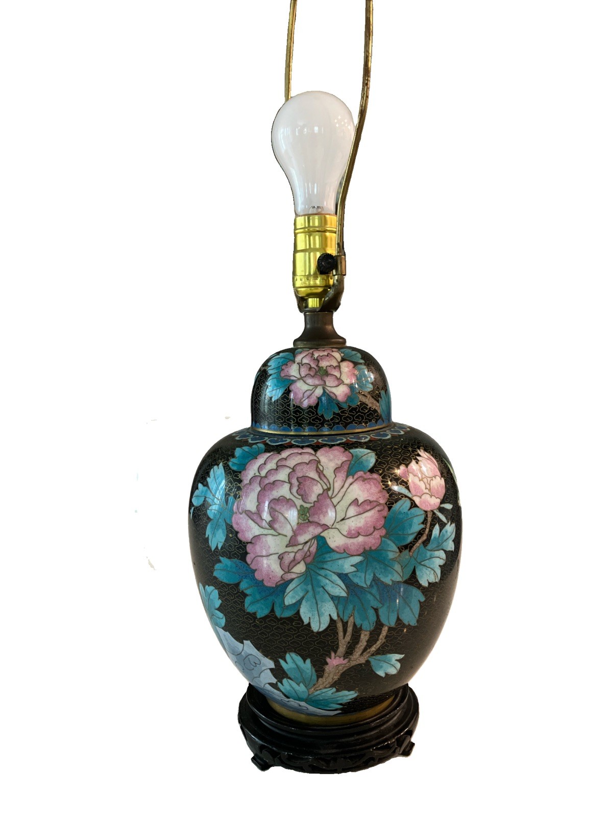 Exquisite VTG Chinese Cloisonné Ginger Jar Lamp 26 In Tall Black Floral Design
