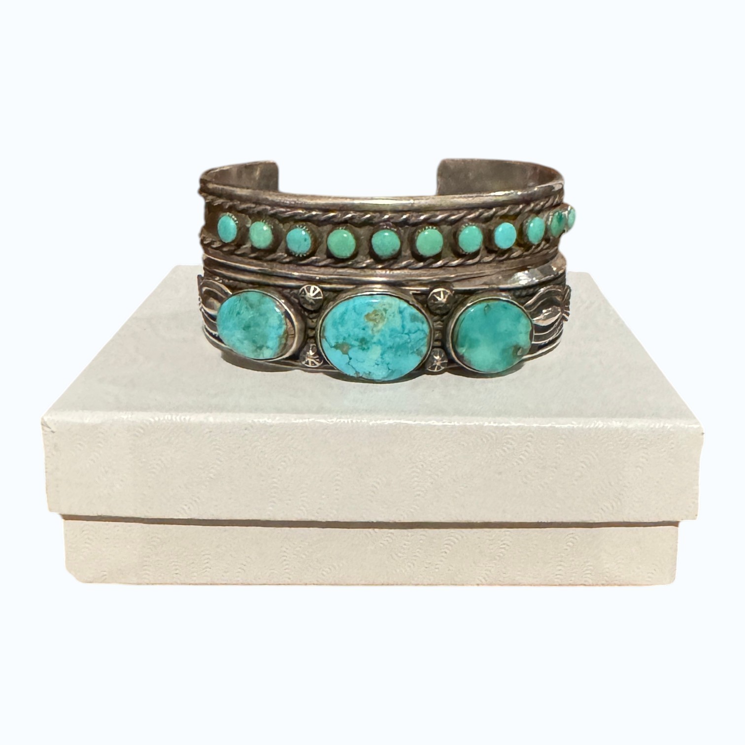 Native American Turquoise Cuff Bracelets, Set of 2, Vintage Navajo, Silver, 6.5\ Native American Turquoise Cuff Bracelets, Set of 2, Vintage Navajo, Silver, 6.5\
