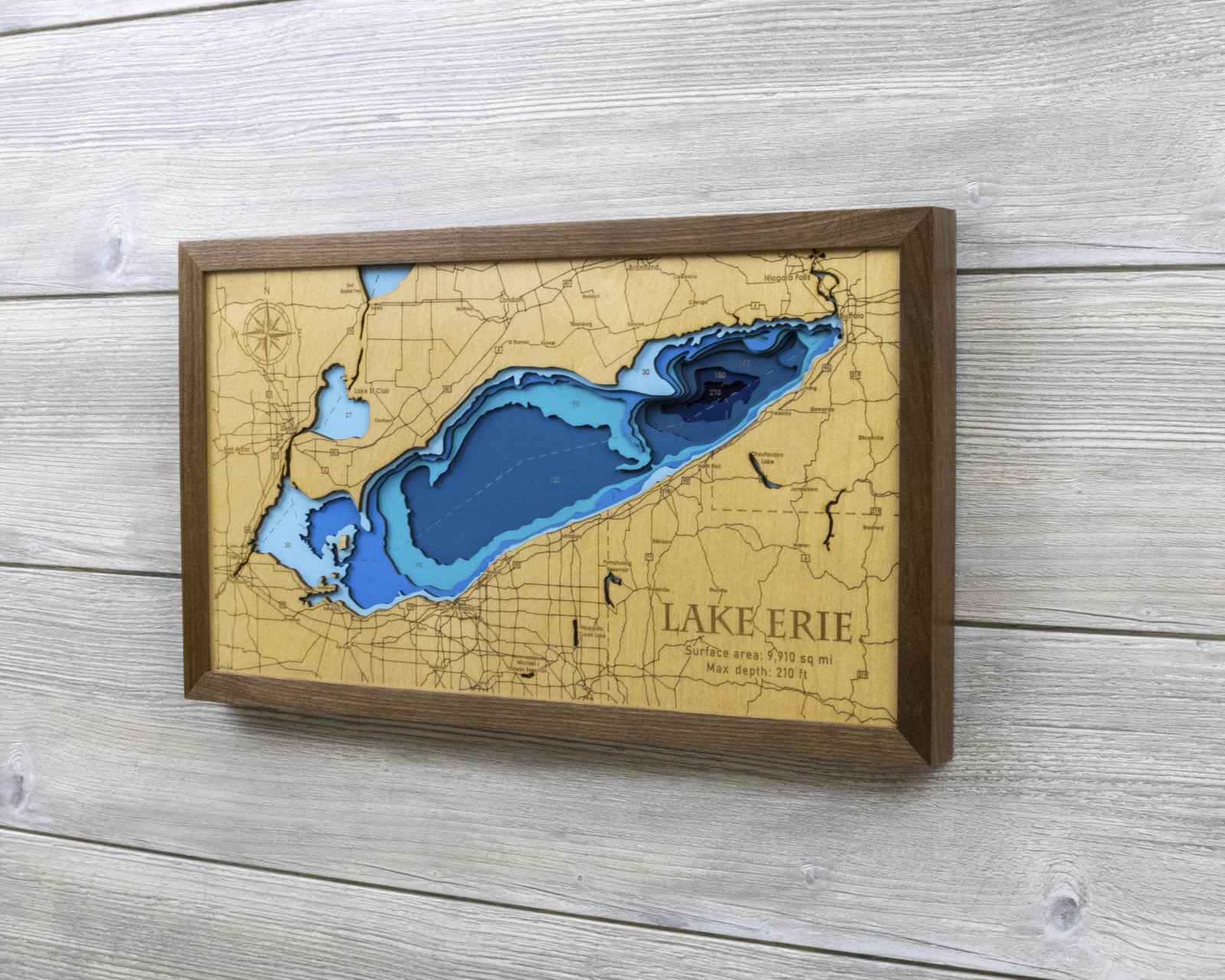 Multilayered Lake Erie Wood Map | Laser Engraved | Hardwood Framed Wall Art