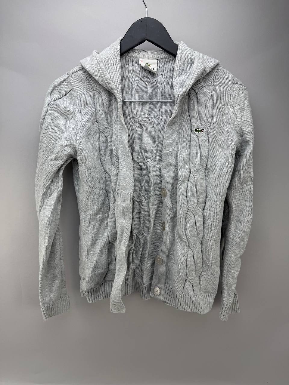 Lacoste Womens Size Small 36 Cable Knit Cardigan Hoodie Long Sleeve Gray Sweater