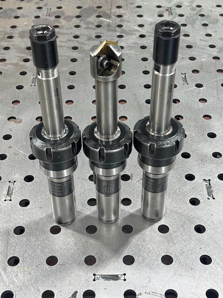 Lot of 3 TM Smith 812-SA40-722 Tool Holders w/ 2 Parlec EXT100 & Spade Drill