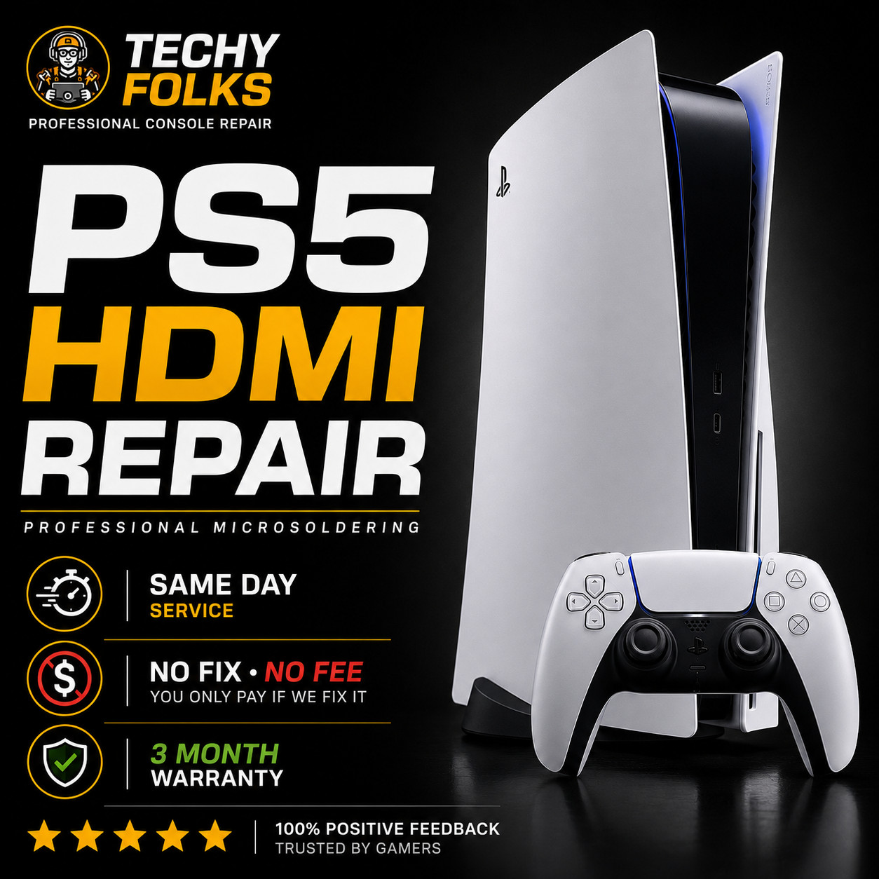 Mail-In PS5 / Xbox HDMI Port Repair Service – No Signal / No Display – 1 day Fix