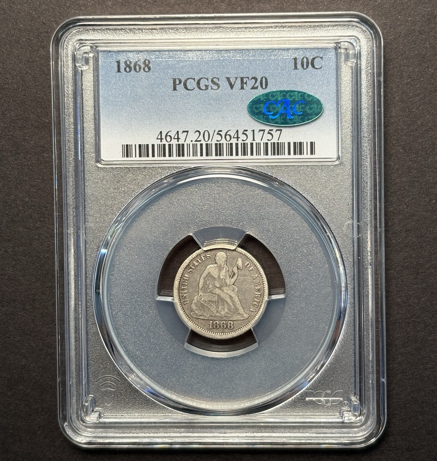 1868 Seated Liberty Dime — PCGS VF20 CAC ✅ Original Surfaces 