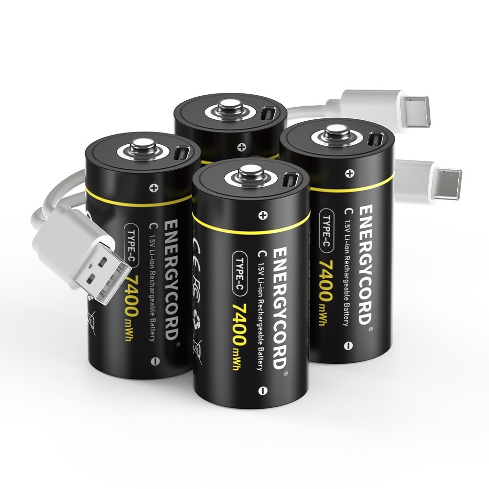 4 Pcs Rechargeable Lithium C Batteries 1.5V 7400mWh C Cell + 2 in 1 USB-C Cable