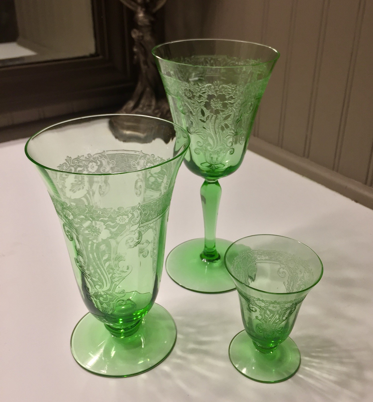 Rare Uranium LOT of (3) Three Fostoria VESPER tumblers Etched Elegant vintage 