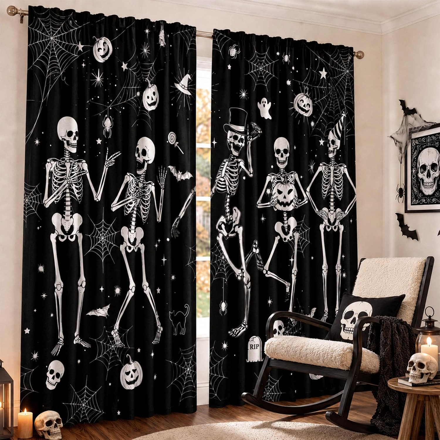 2 Pcs Halloween Curtains for Living Room Skeleton Pumpkin