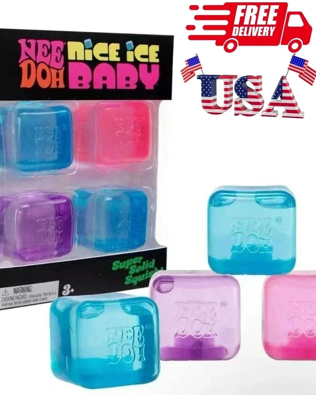 NeeDoh Nice Ice Baby 4-Pack Mini Cubes Authentic Squishy Fidget Stress Toy