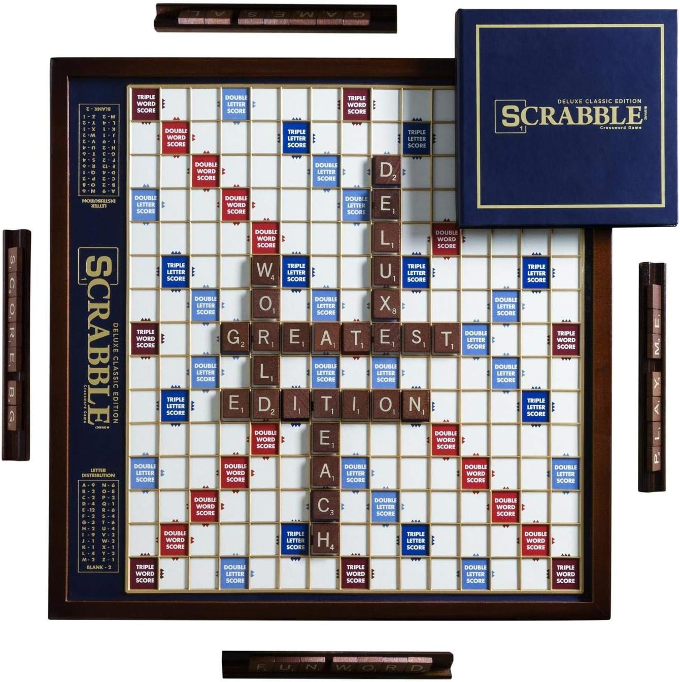 WS Game Company Scrabble Deluxe Edition Rotating Wooden Cabinet Board Game