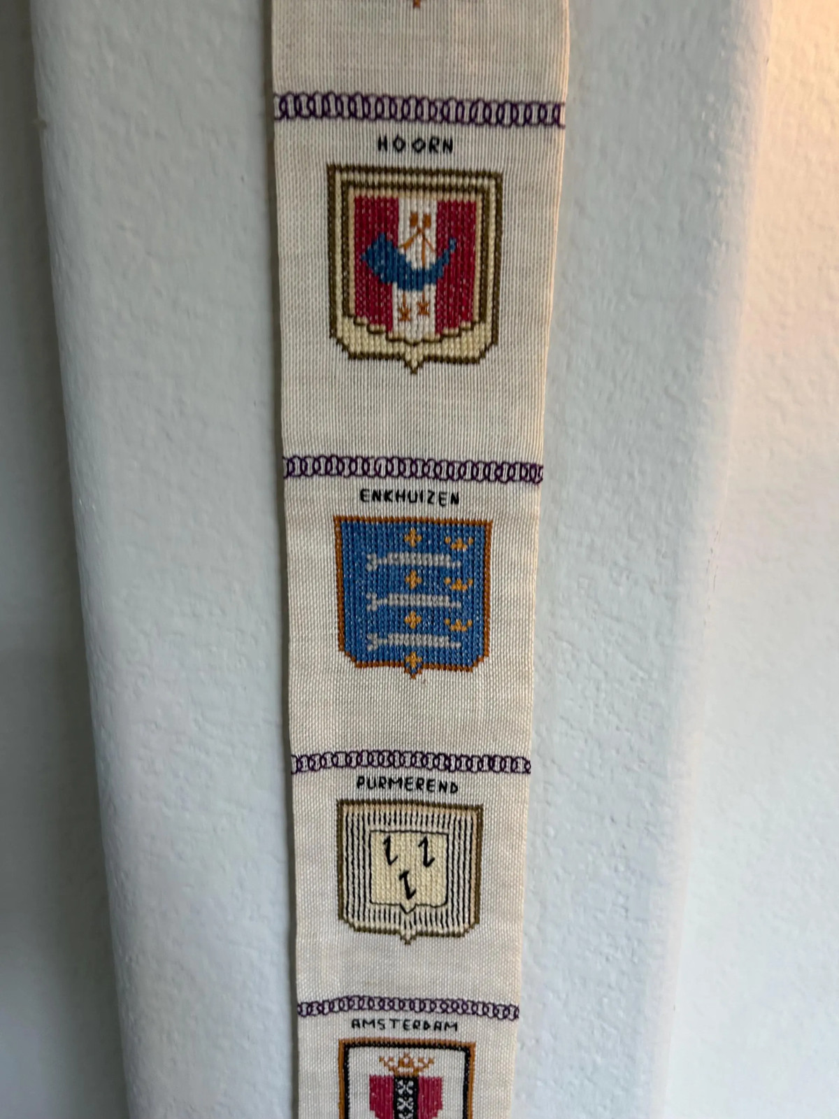 Netherlands Cross Stitch Wall Hanging with Bamboo Supports and Medallion