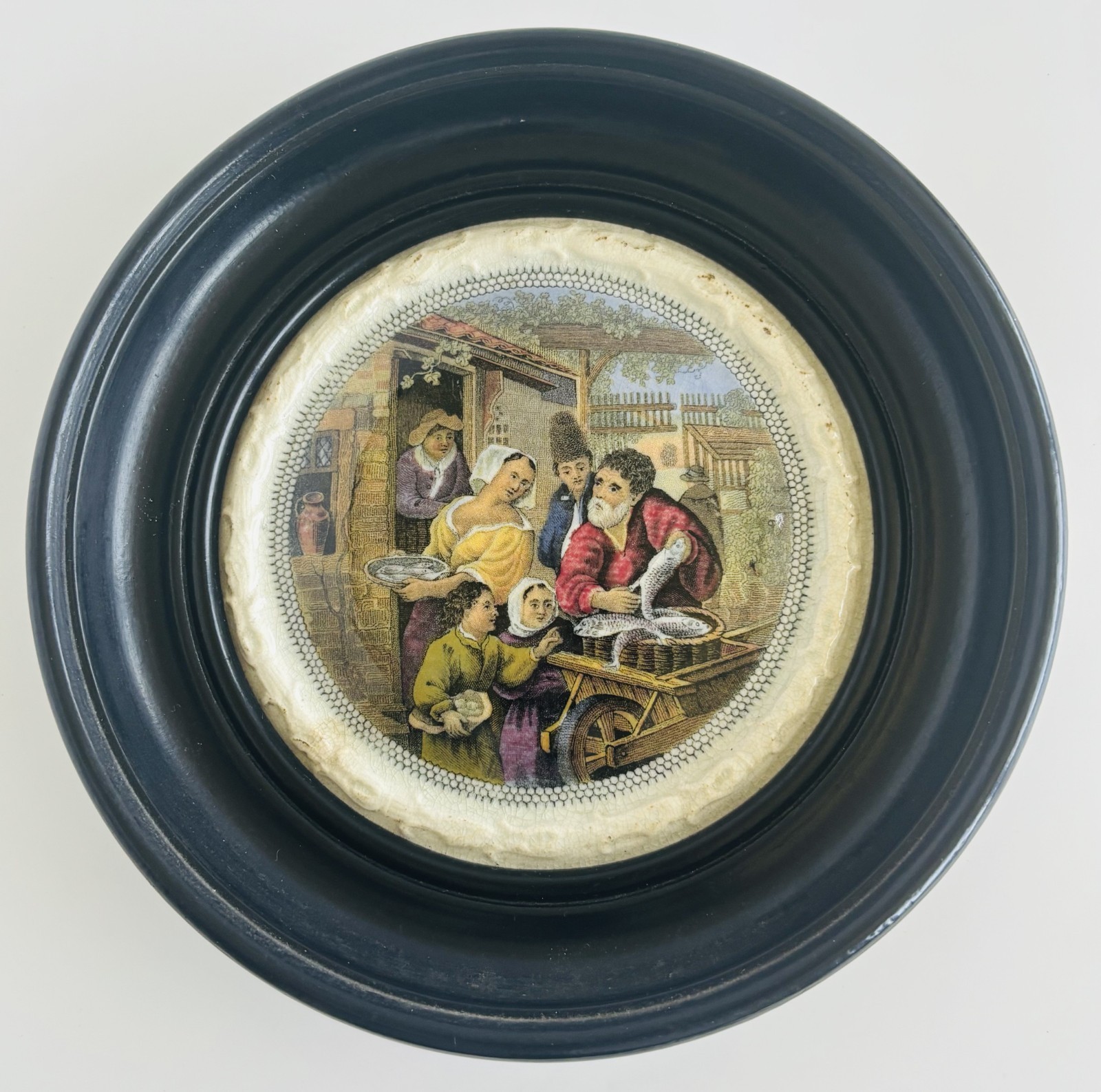 Prattware Pot Lid Framed The Fish Barrow c 1845-1875 6.00 in. {15cm} diameter