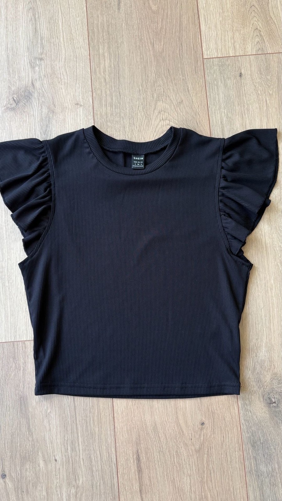 SHEIN Ribbed Ruffle Sleeve Top Size US 4 Black