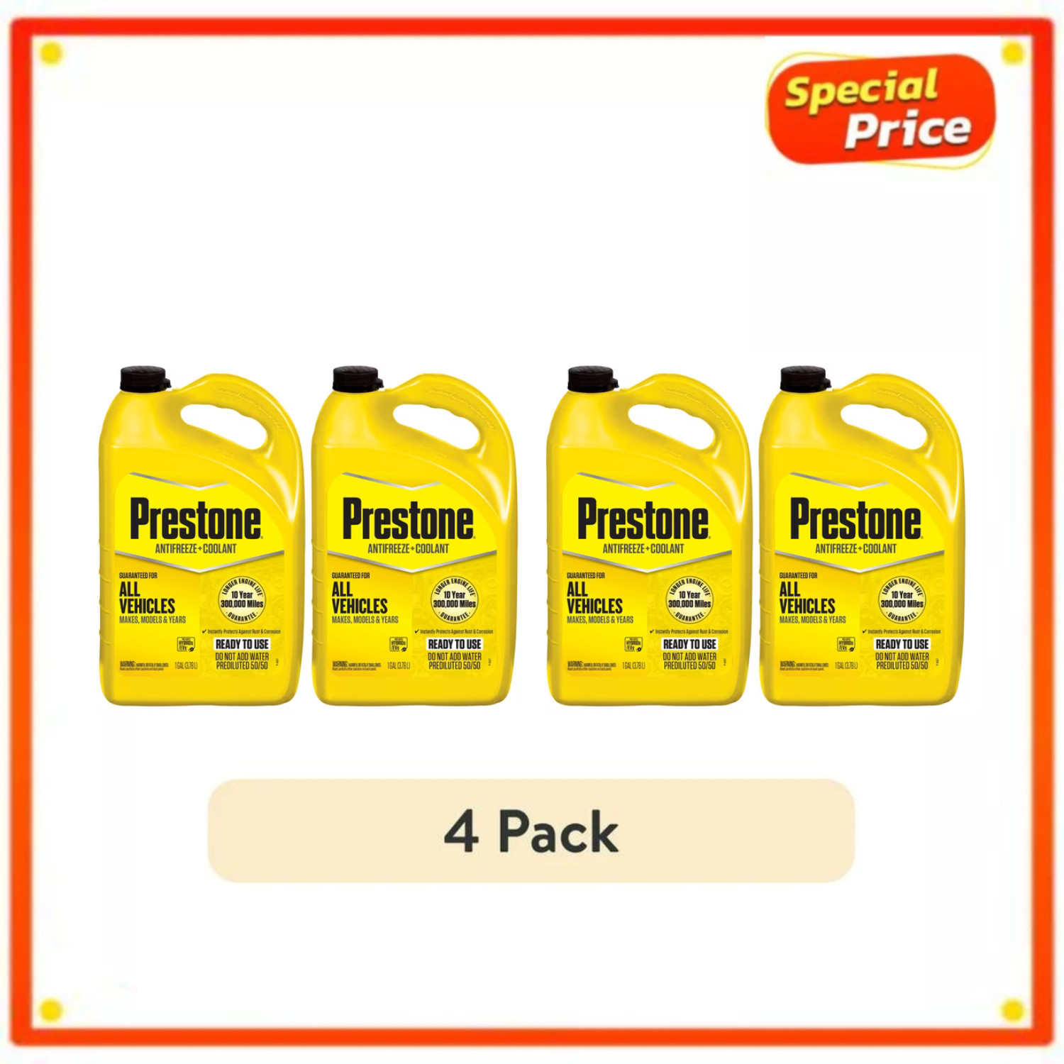 (4 Pack) Prestone Universal Antifreeze + Coolant 50/50 Prediluted 1 Gallon - New