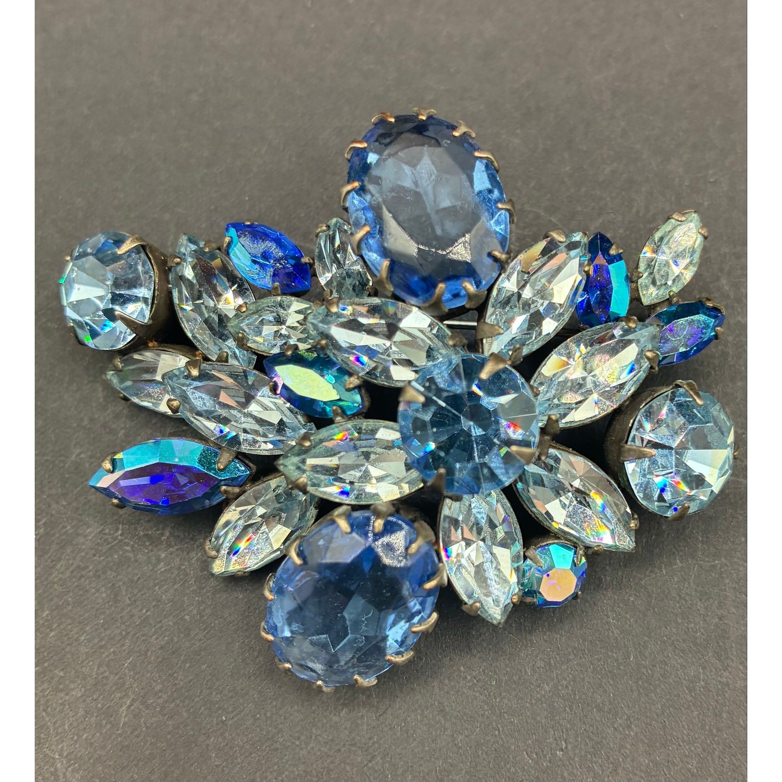Vintage Signed REGENCY Blue Rhinestone Crystal Floral Brooch Pin 2.5”