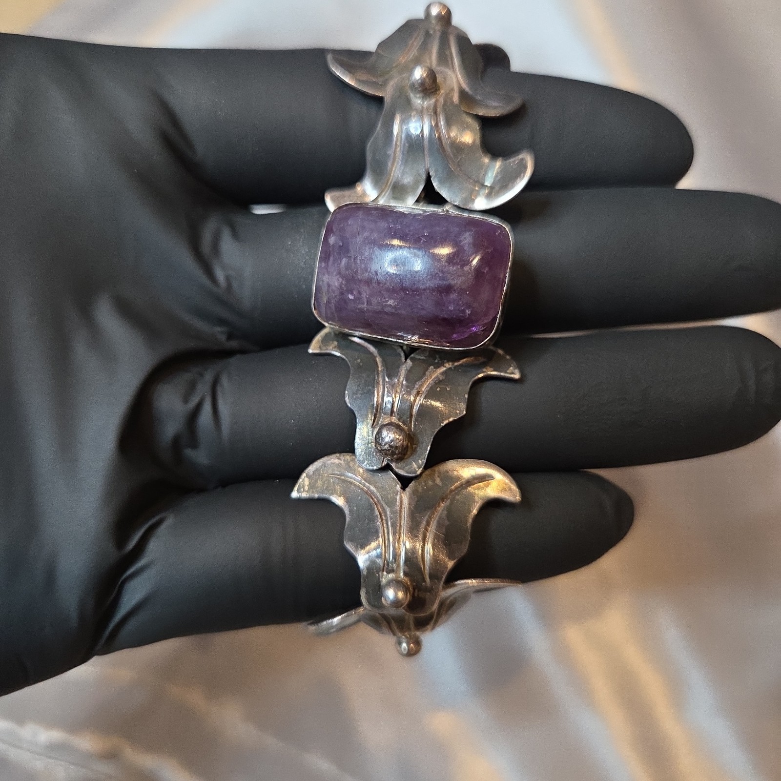 Antique Mexican Silver Amethyst Bracelet 40g Floral Panel Links 8” Pre-1945