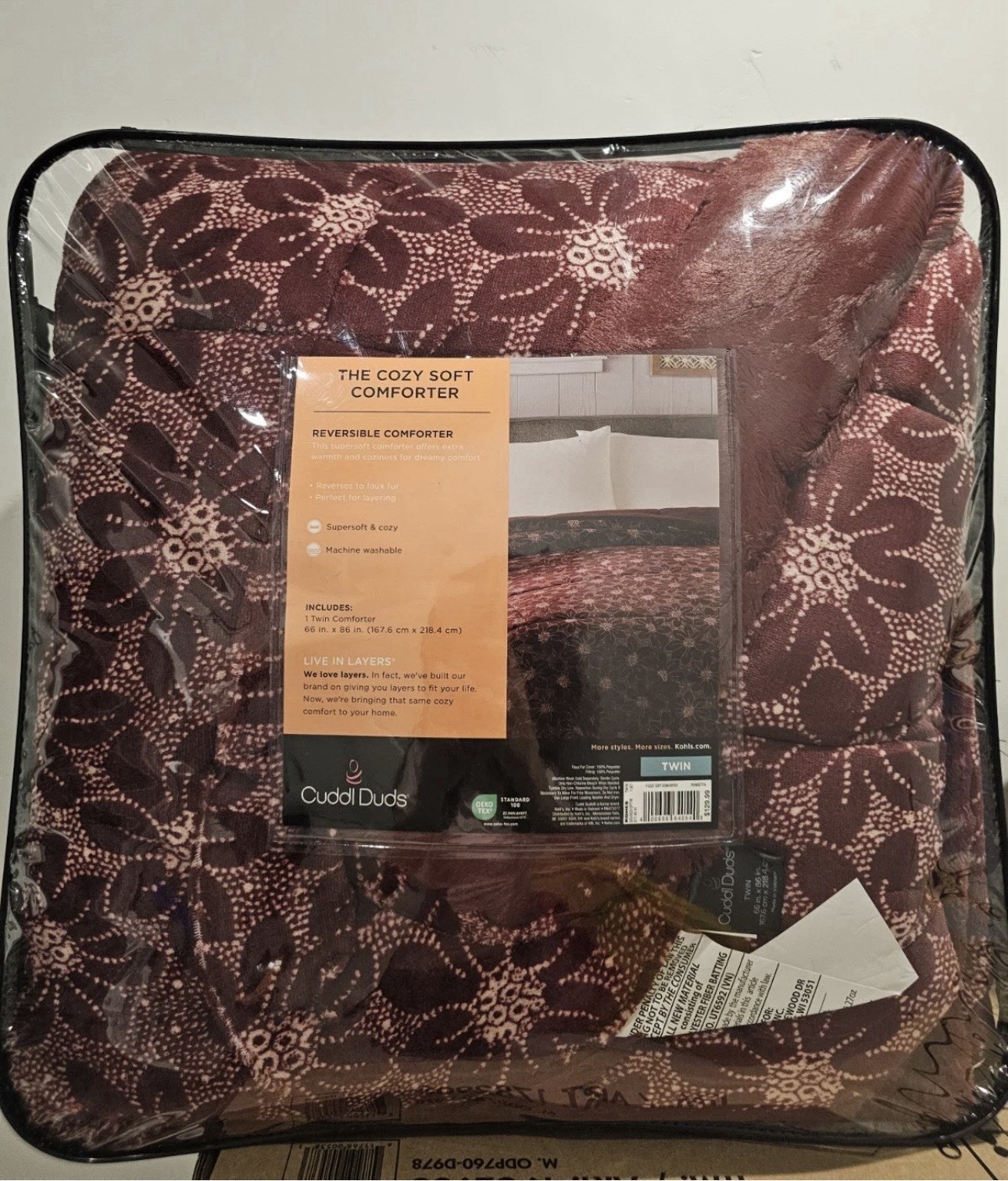 NWT Cuddl Duds The Cozy Soft Reversible Twin Comforter Maroon Burgundy Floral