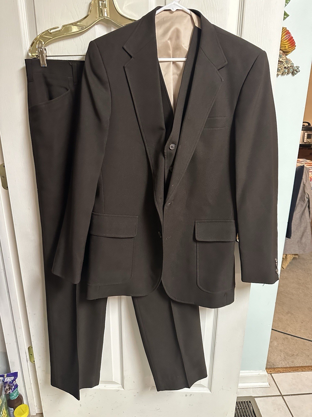 2 Lot 70s VNT Haggar Magic Stretch 3 Pc Solid Suit 40r Pants 34x31 Blue Brown