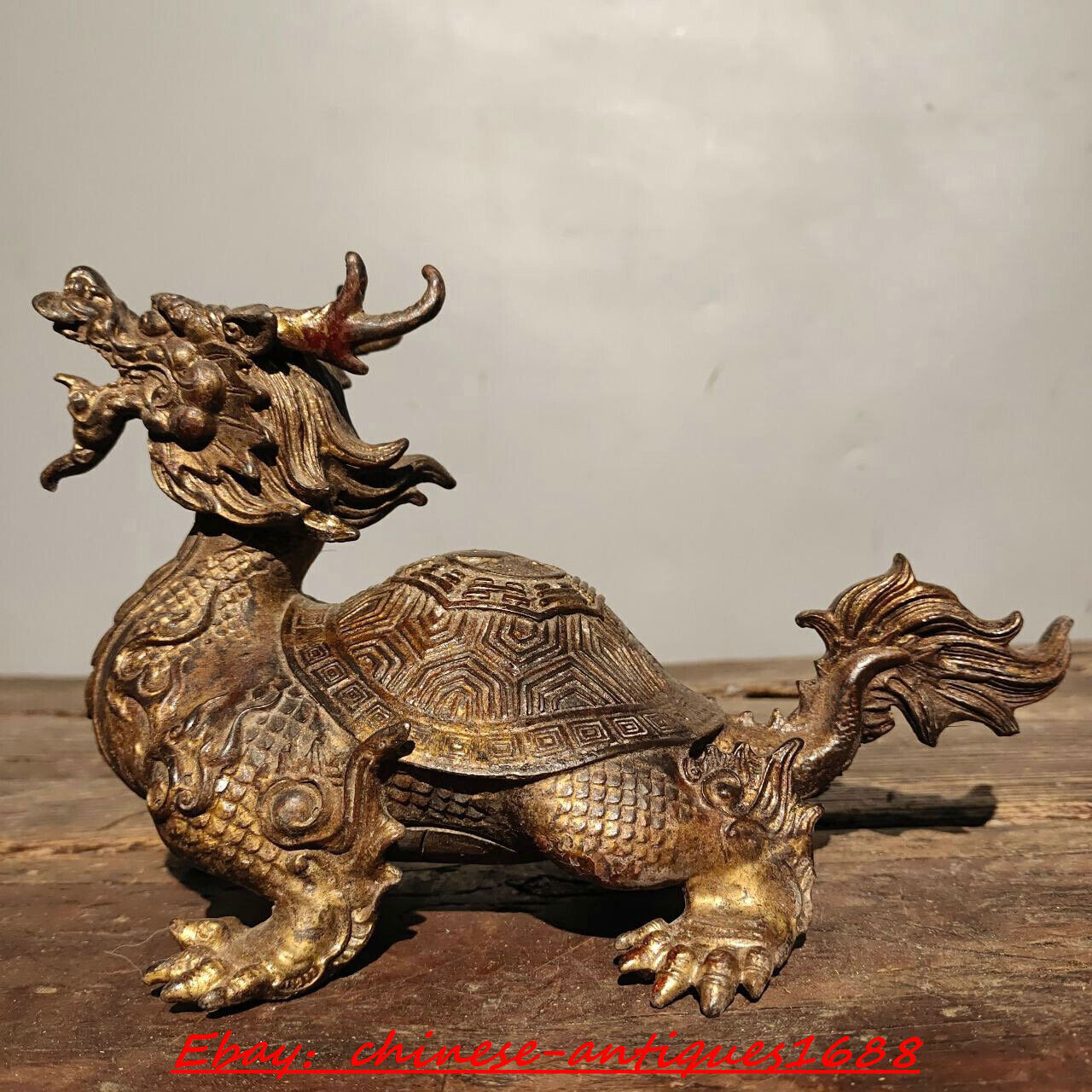 Old chinese bronze Gilt Feng Shui wealth lucky loong turtle Dragon turtle statue