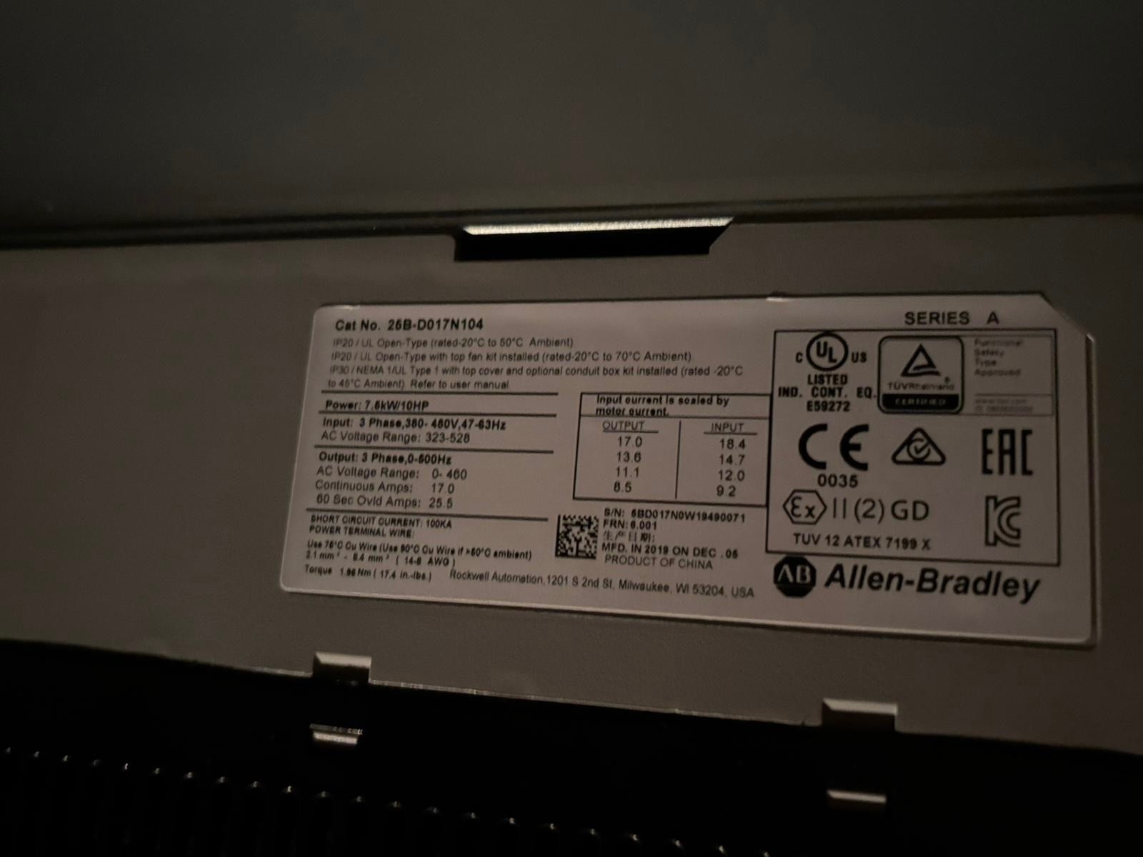Allen-Bradley PowerFlex 525 Drive 25B-D017N104 Allen-Bradley PowerFlex 525 Drive 25B-D017N104