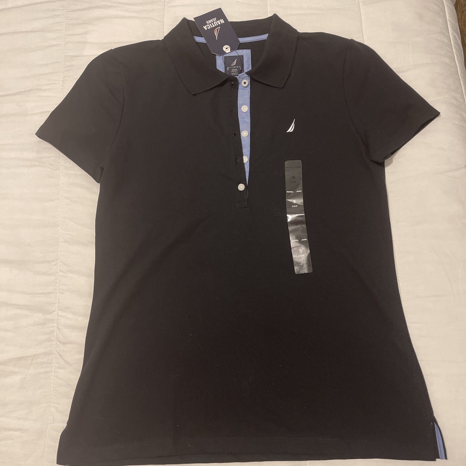 NWT Nautica Jeans Women\'s Short Sleeve Polo Shirt Blue/Black Size S