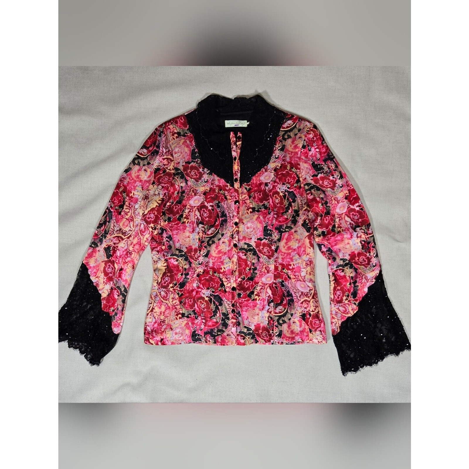 Sylvie & Lily 100% Silk Beaded Lace Blouse | Pink Floral Print | Romantic Top Sylvie & Lily 100% Silk Beaded Lace Blouse | Pink Floral Print | Romantic Top