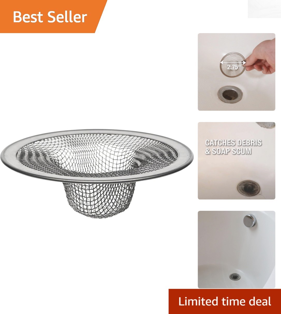 Elegant 2-3/4-Inch Stainless Steel Tub Mesh Strainer - Prevents Clogs