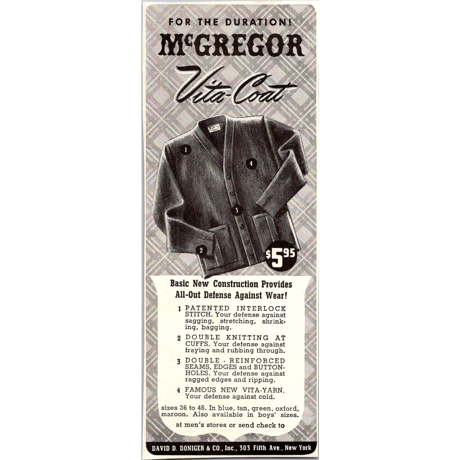 David D. Doniger & Co. Inc. McGregor Vita-Coat New York 1940s WWII Era Ad SAH7-6
