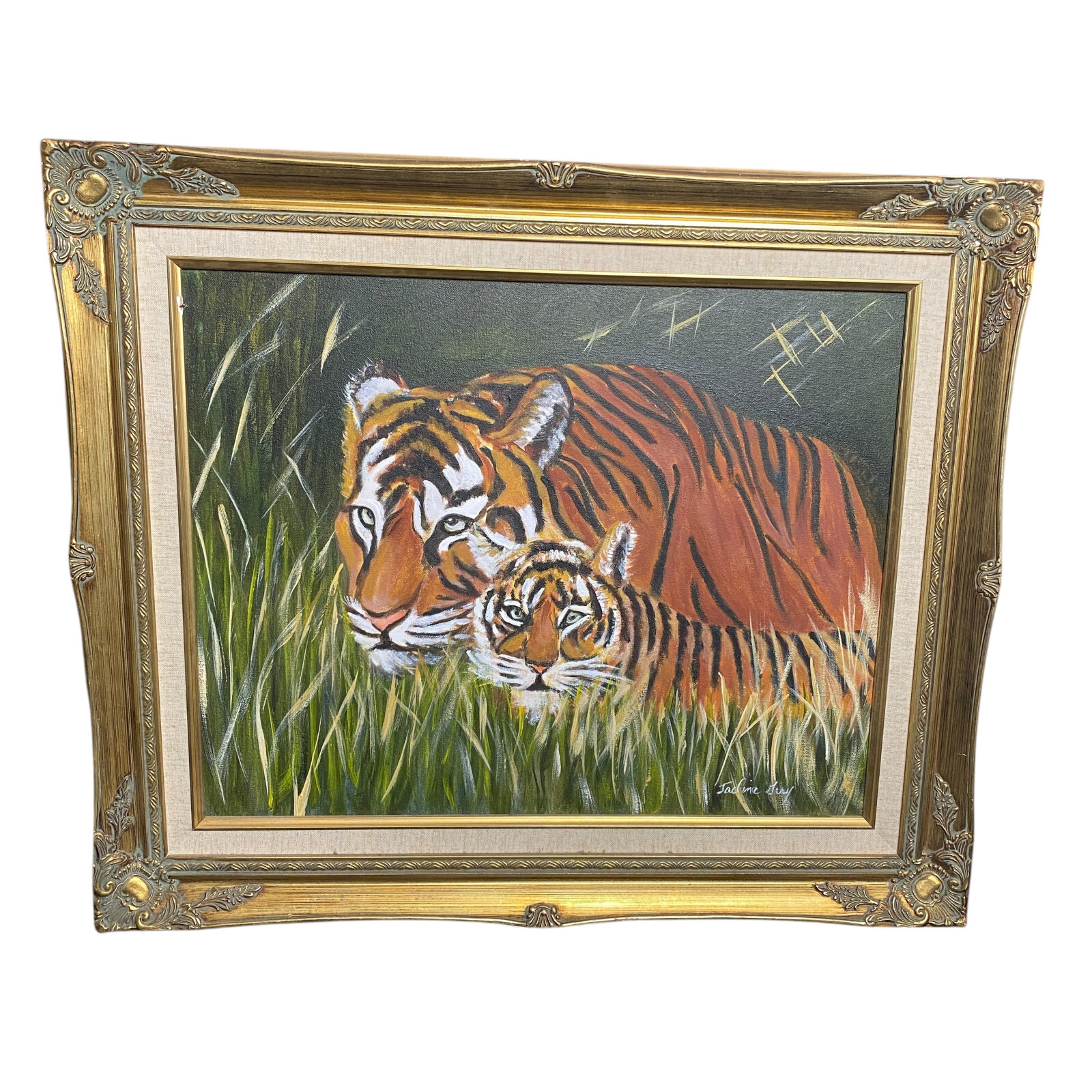 TIGER & CUB IN GRASS ORIGINAL OIL ON BOARD LANDSCAPE PAINTING SIGNED 26x21