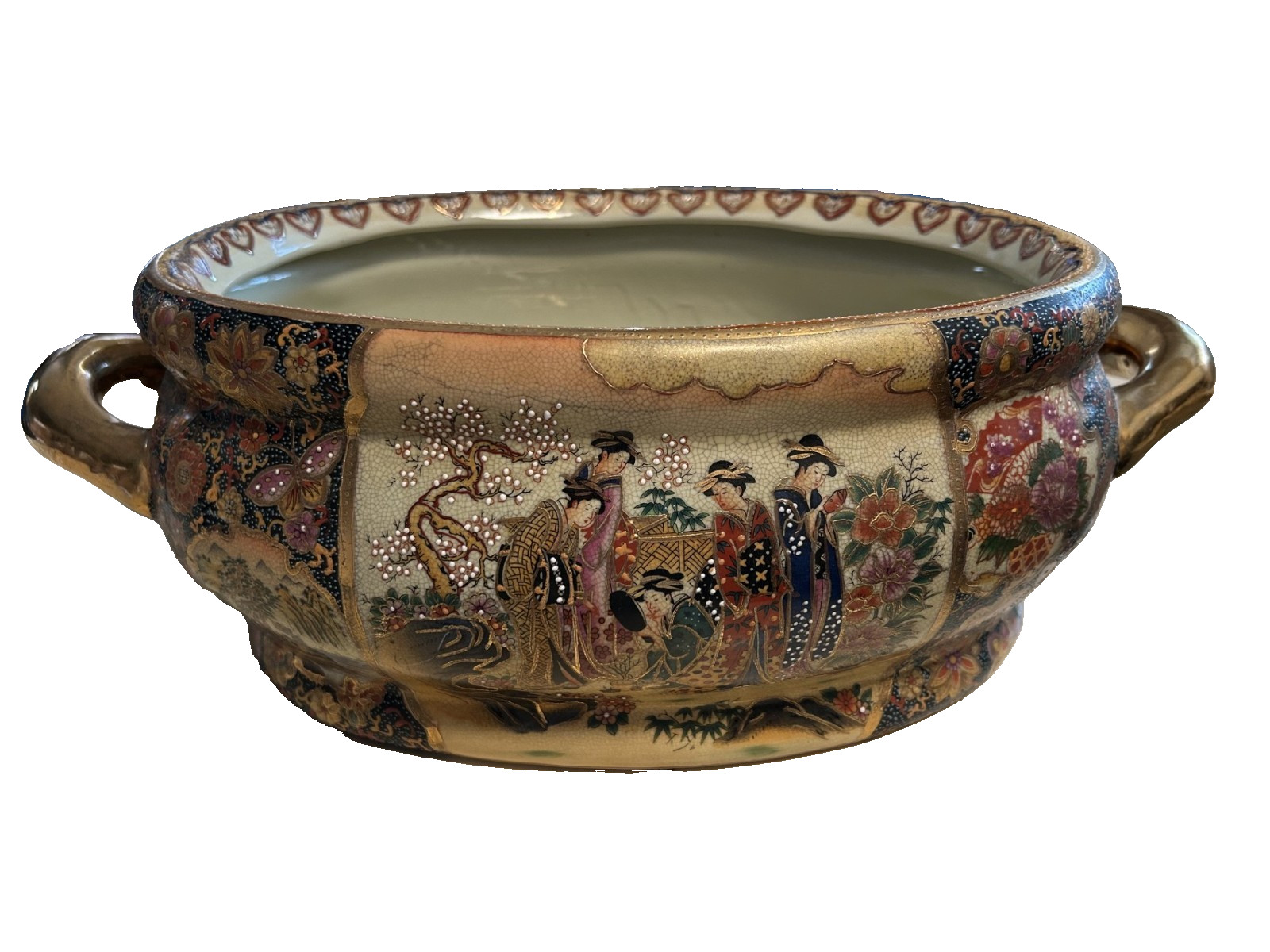 Large Vintage Chinese Satsuma Signed Porcelain Floral Geisha Girls Foot Bath