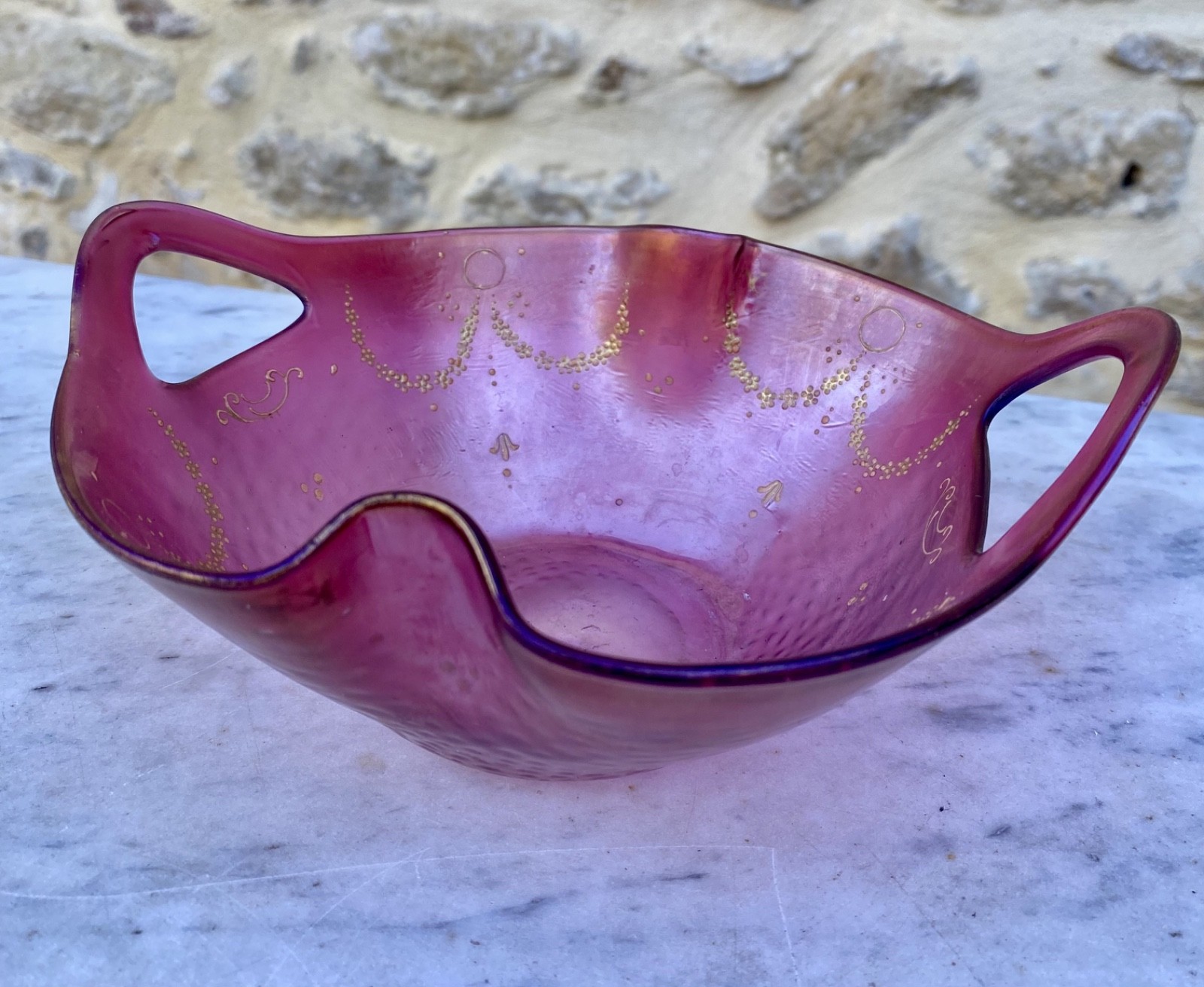 Antique Kralik Art Nouveau Hammered Glass Bowl Purple Cranberry Gold Gilt Bohemia