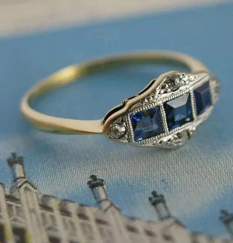 Art Deco Style Sapphire Lab Created Diamond 14K Yellow Gold FN Engagement Ring Art Deco Style Sapphire Lab Created Diamond 14K Yellow Gold FN Engagement Ring
