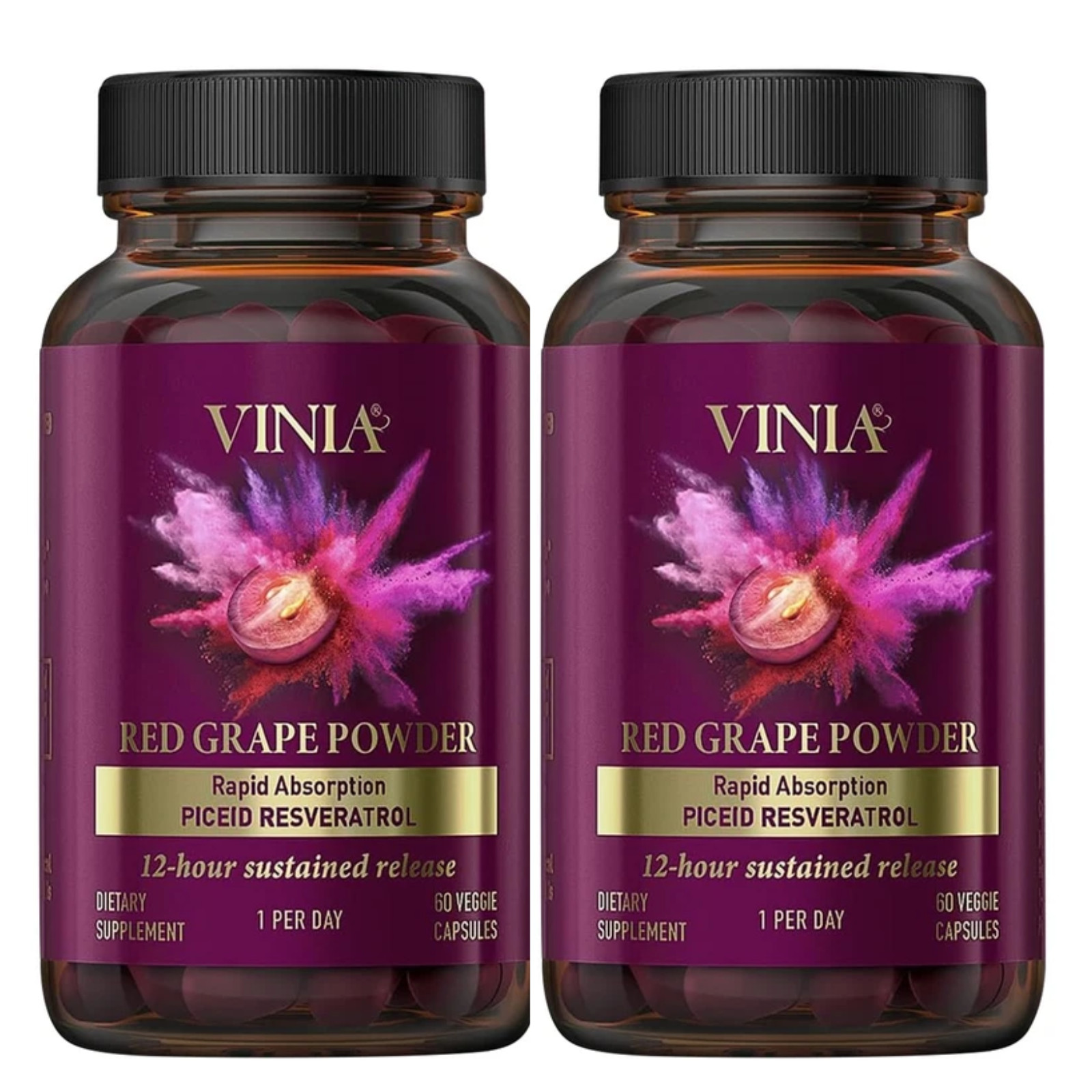 Top 2 Pack Vinia Red Grape Powder Piceid Resveratrol 120 Capsules
