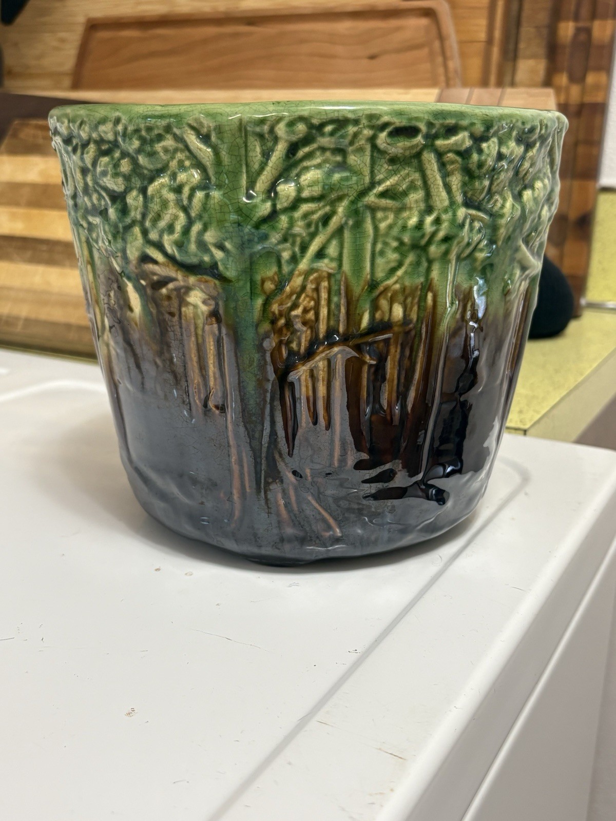 Antique Weller 6.5” Forest Jardiniere In Majolica Glaze Antique Weller 6.5” Forest Jardiniere In Majolica Glaze