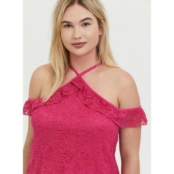 Torrid Pink Lace Halter Cold Shoulder Top Size 2X Torrid Pink Lace Halter Cold Shoulder Top Size 2X