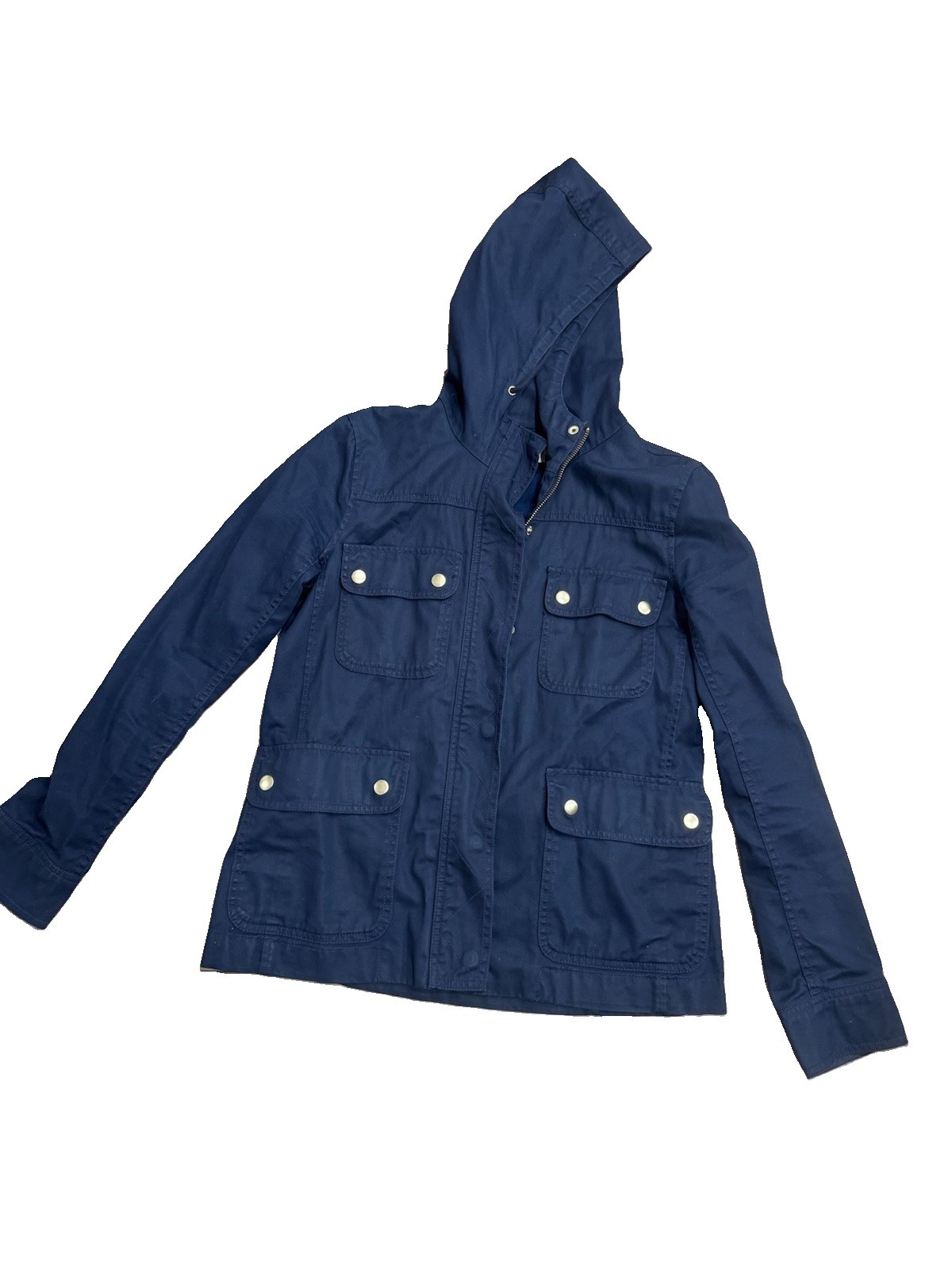 J.CREW Women\'s Blue Hooded Utility Jacket Button Closure Pockets Size S J.CREW Women\'s Blue Hooded Utility Jacket Button Closure Pockets Size S