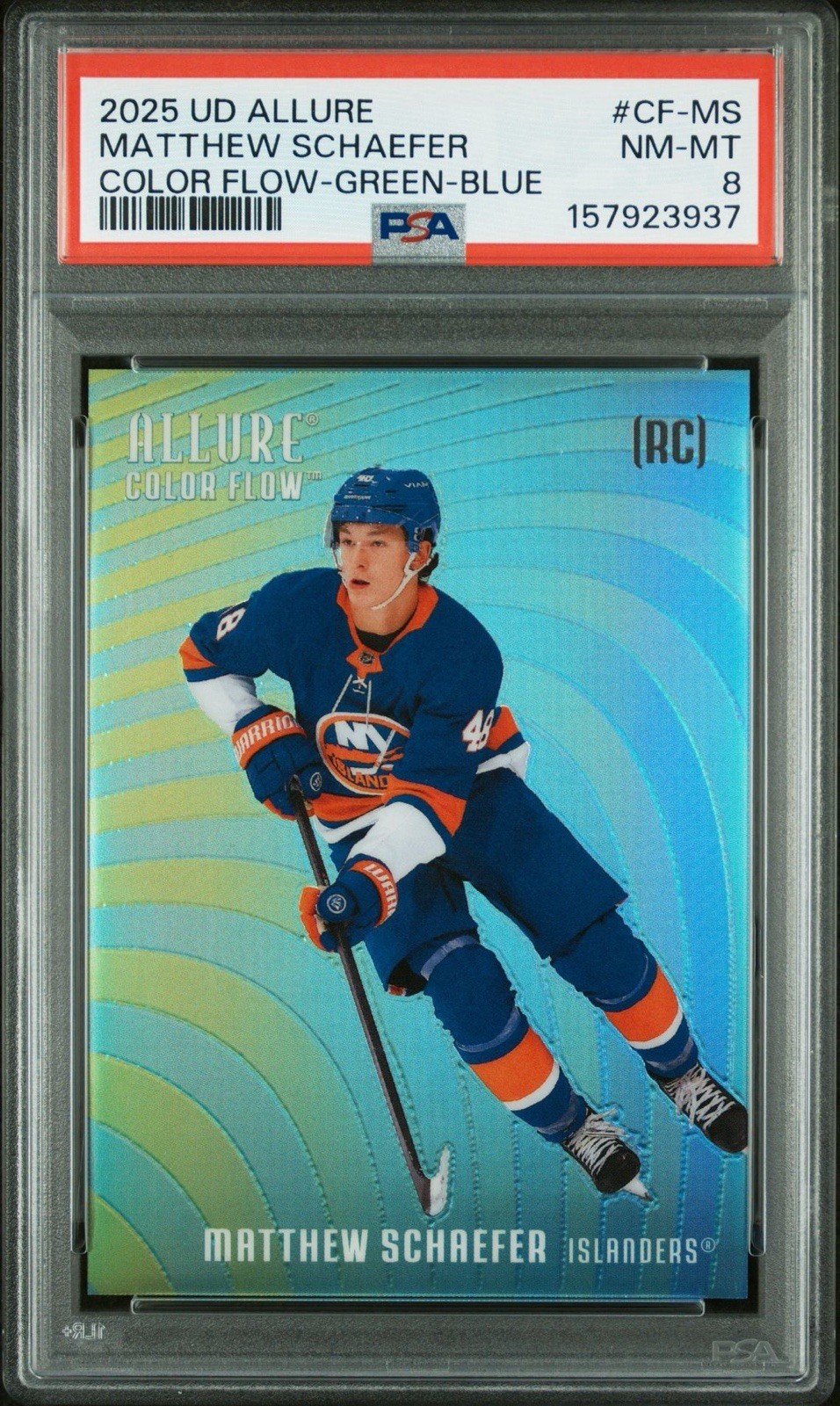 Upper Deck 2025-26 Allure Color Flow Ext Rookies Green-Blue #CF-MS PSA 8