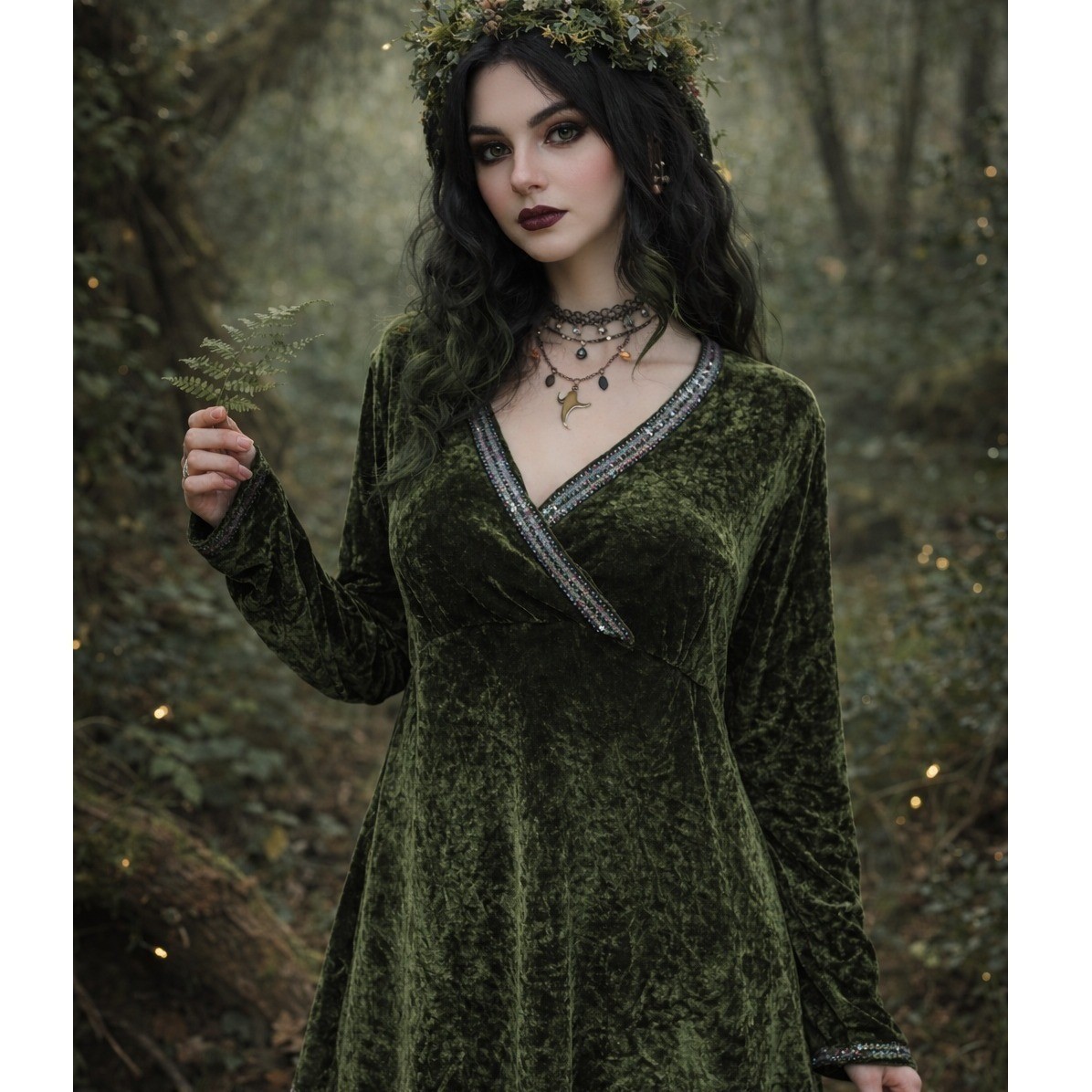 Y2K Silk Velvet Babydoll Top L Green Beaded Whimsigoth Forest Fairy Goblin Glam