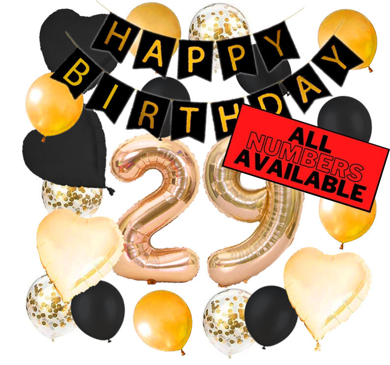 29th Birthday Decorations - Gold and Black Theme - Balloons, Banner - Him or Her