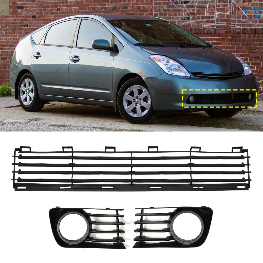 For 2004-2009 Toyota Prius Black Front Bumper Lower Grille + Fog Light Bezels