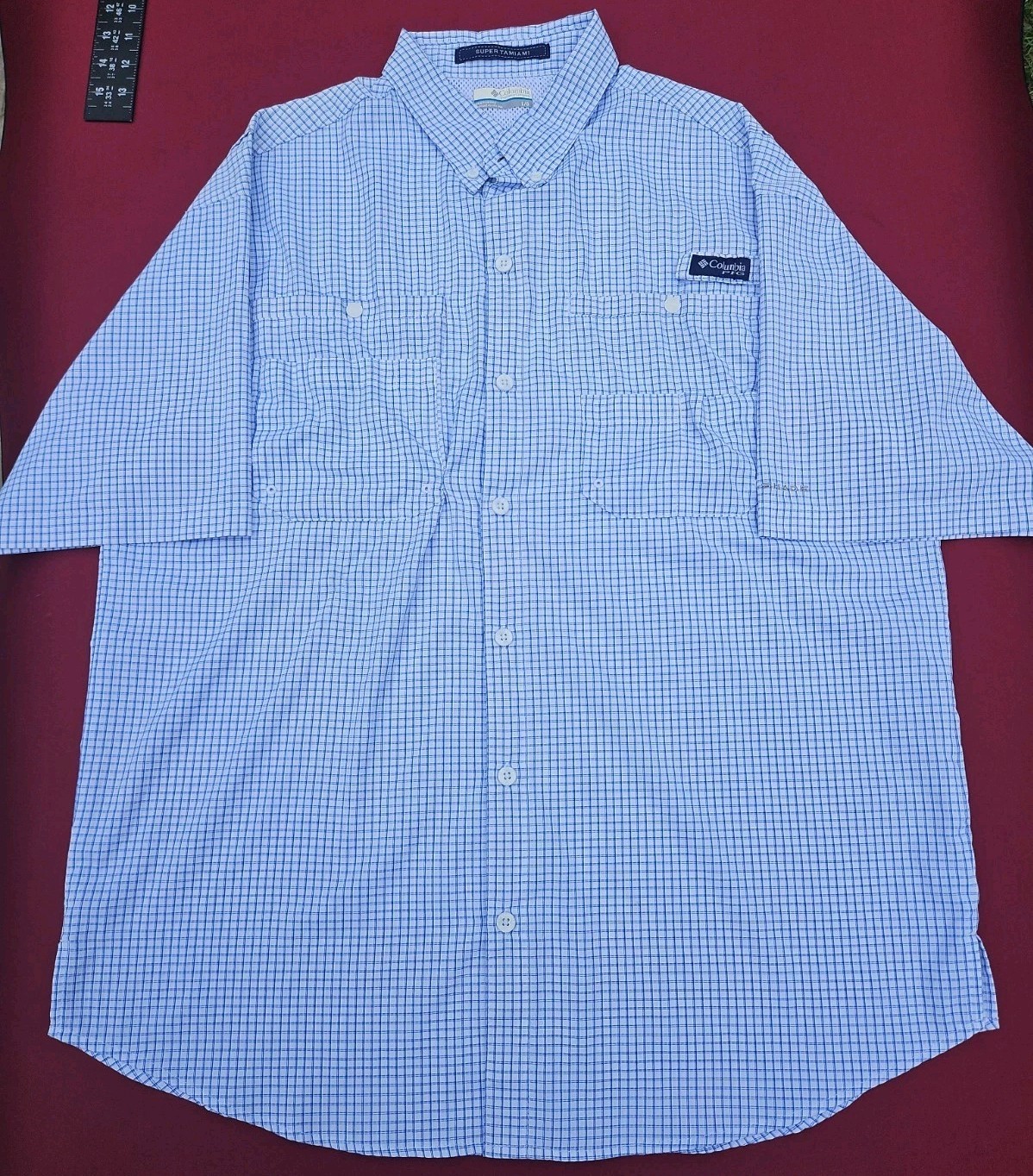 Columbia PFG Shirt Mens Large Super Tamiami Short Sleeve Blue White Tattersall Columbia PFG Shirt Mens Large Super Tamiami Short Sleeve Blue White Tattersall