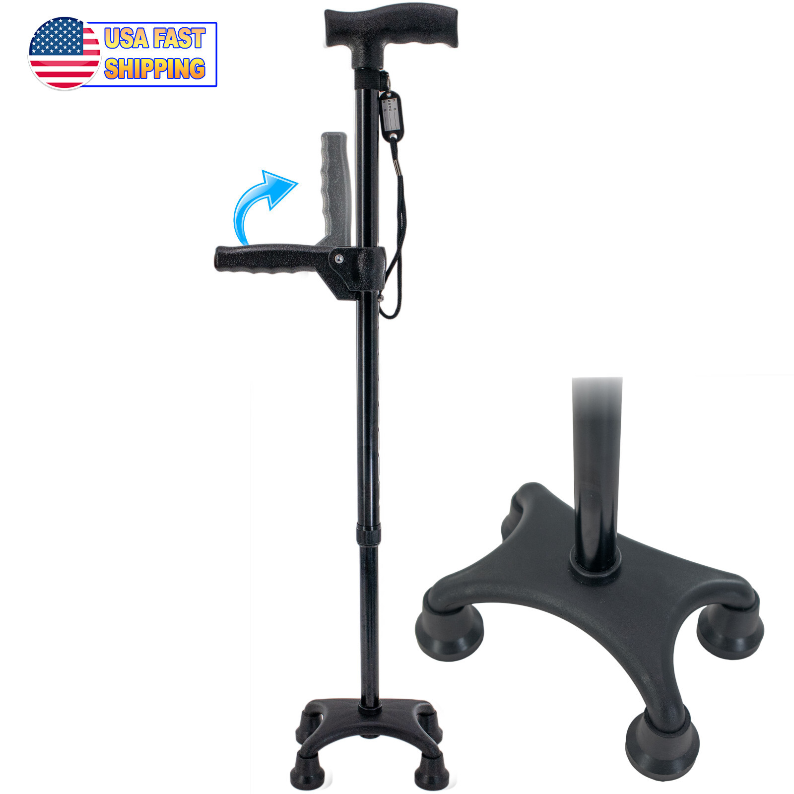 Walking Stick Cane Quad Four Prong Base, Adjustable Dual Handle, Self Standing Walking Stick Cane Quad Four Prong Base, Adjustable Dual Handle, Self Standing