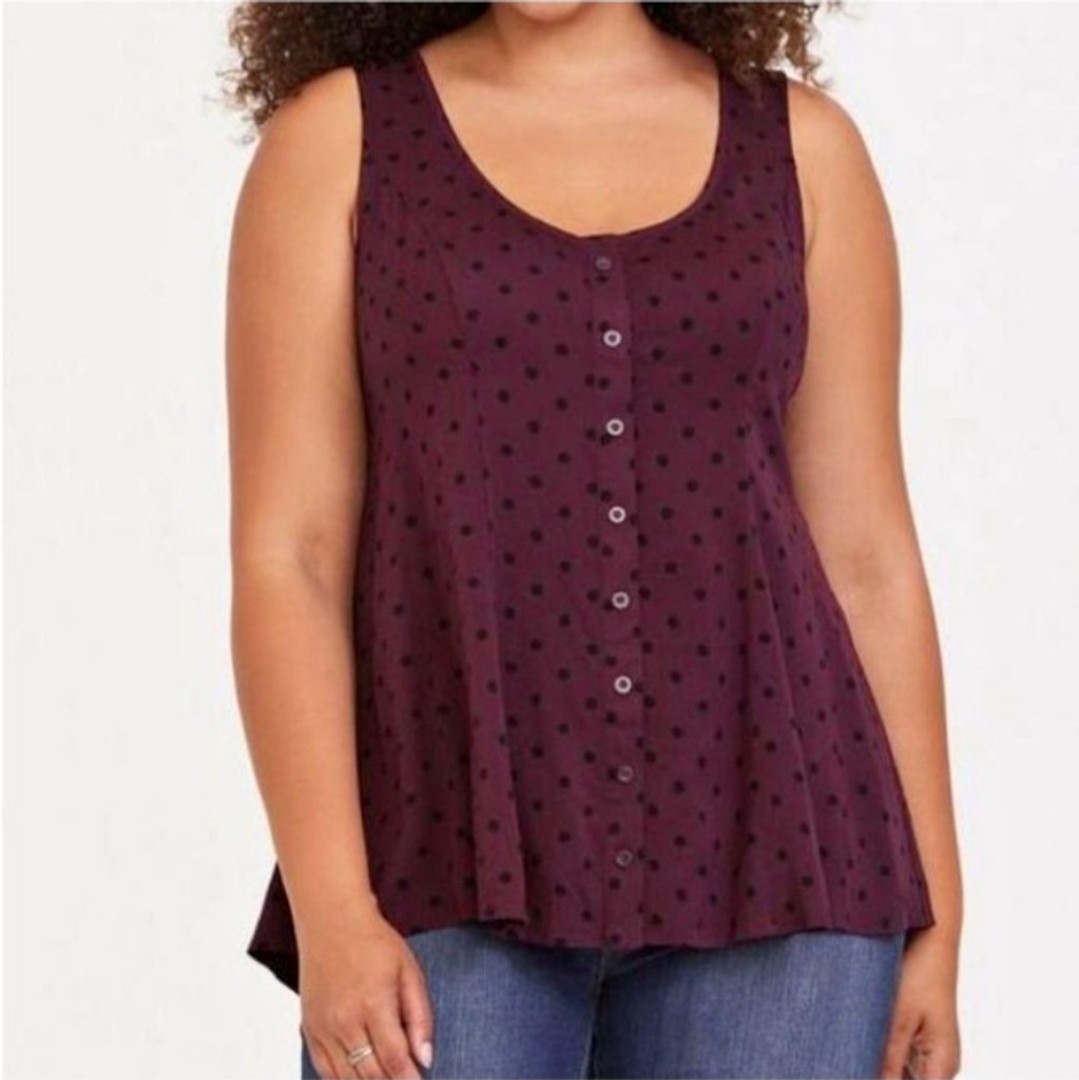 Torrid Burgundy Black Polka Dot Challis Fit and Flare Tank Top Size 1 Torrid Burgundy Black Polka Dot Challis Fit and Flare Tank Top Size 1