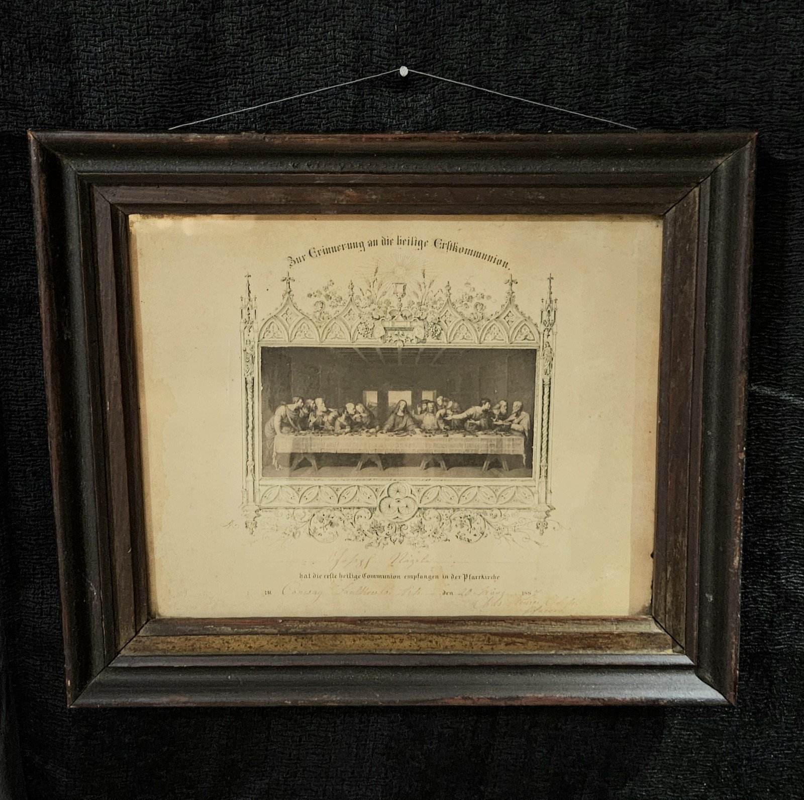 Antique German Holy Communion  Victorian Framed Last Supper Catholic Document