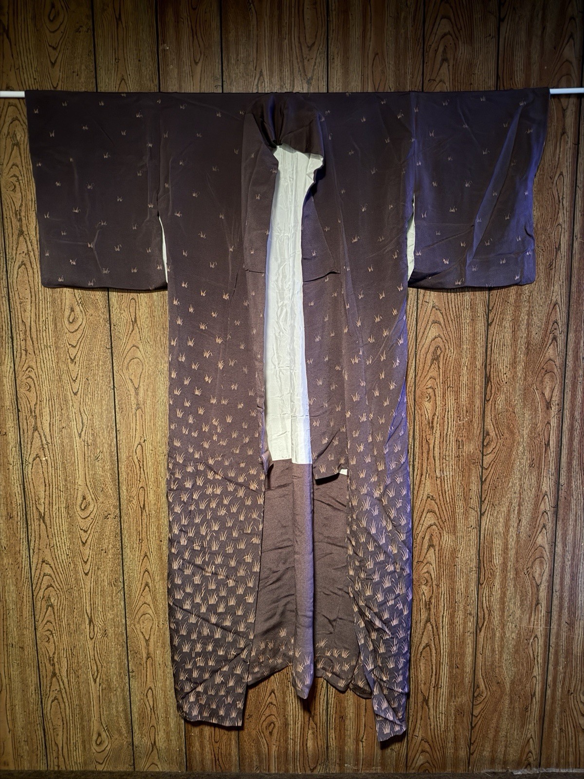 Vintage Japanese Kimono Brown Grass Reed Pattern Graduated Full Length Lined