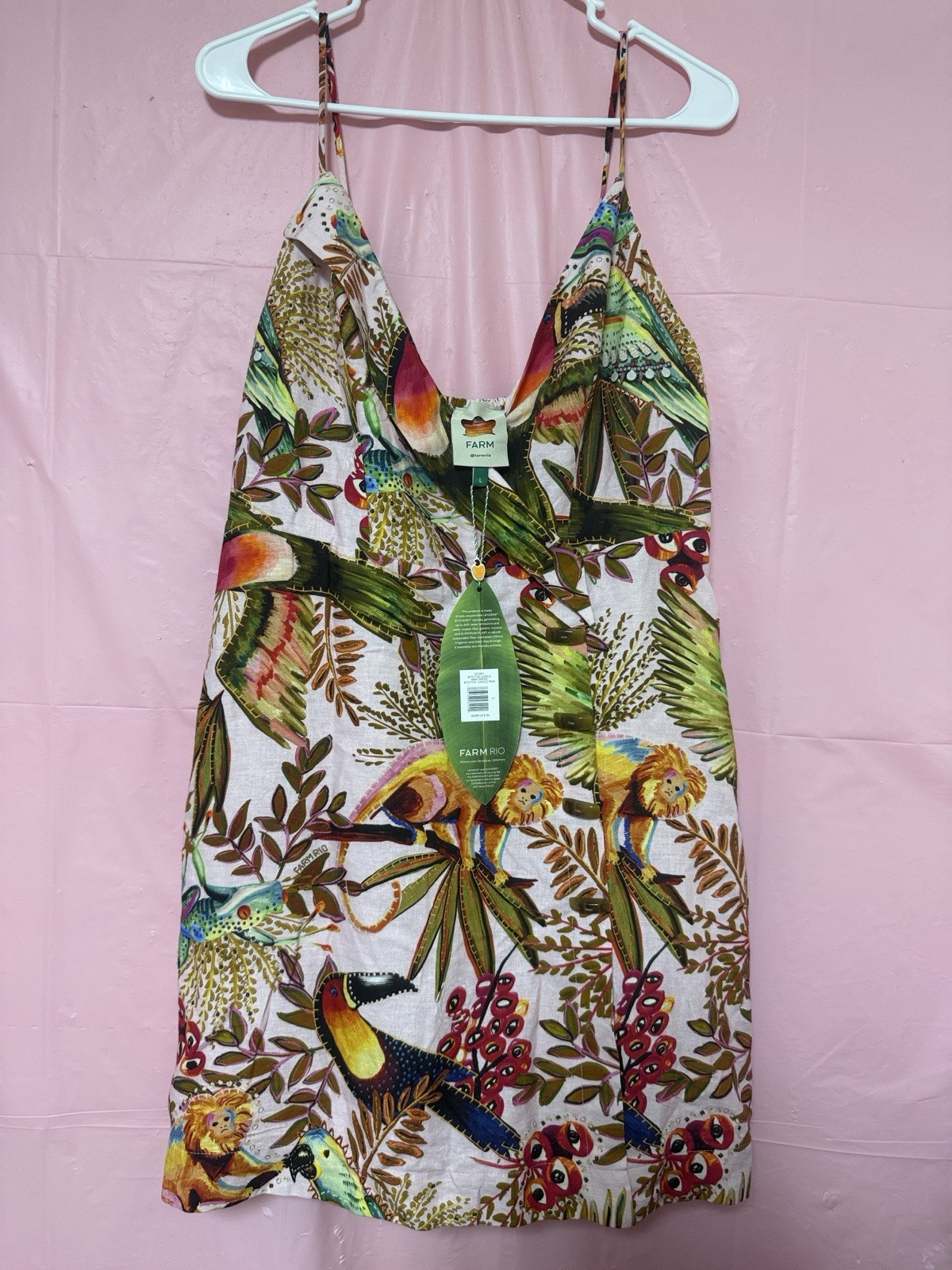 Farm Rio Multicolor Linen V-Neck Button Front Animal Print Mini Dress L