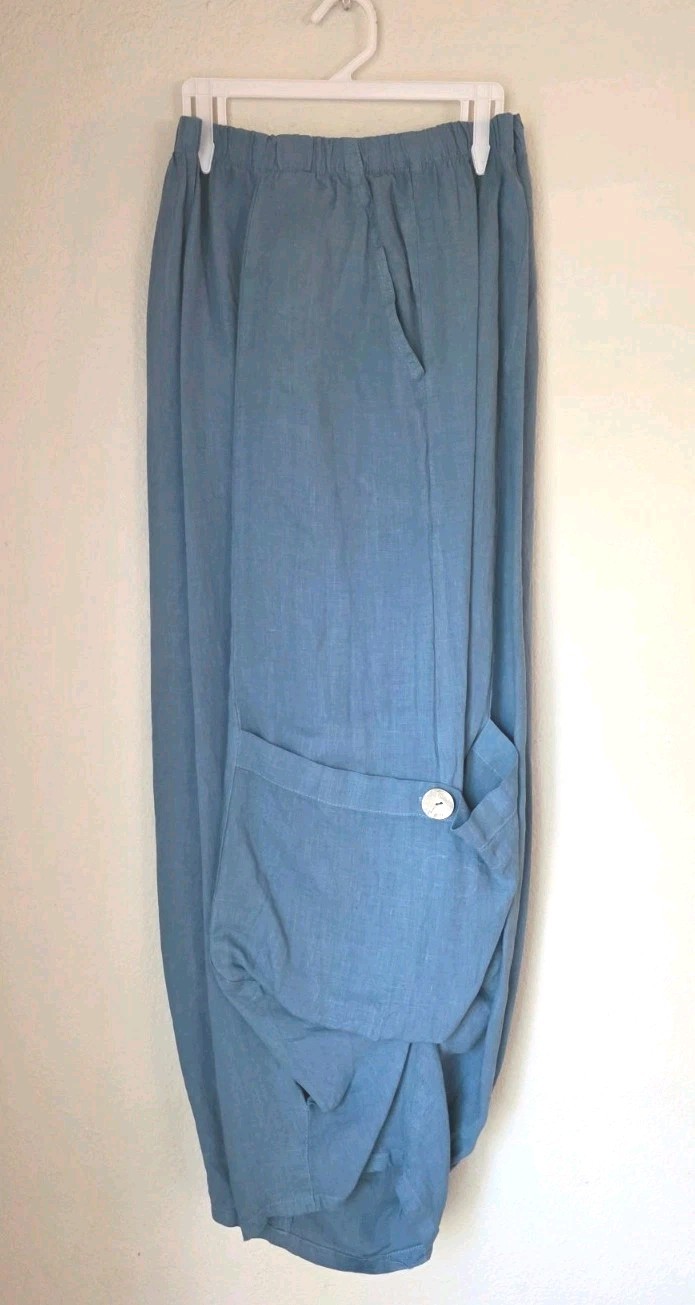 Match Point Blue Linen Pants Wide Leg Baggy Pocket 100% Linen Made in USA Size L