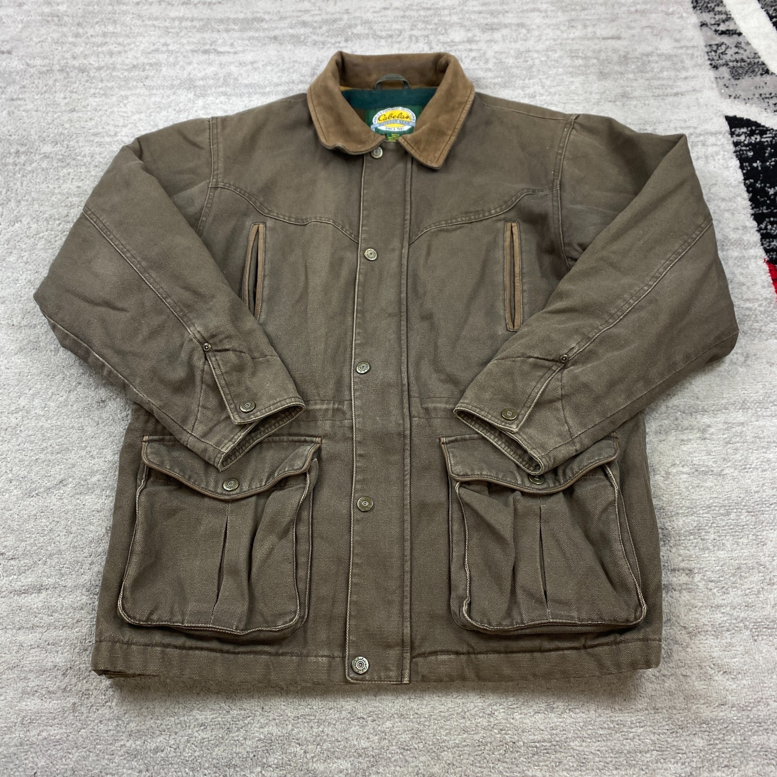 VTG Cabelas Canvas Chore Jacket Medium Brown Leather Collar Fleece Lined Aztec