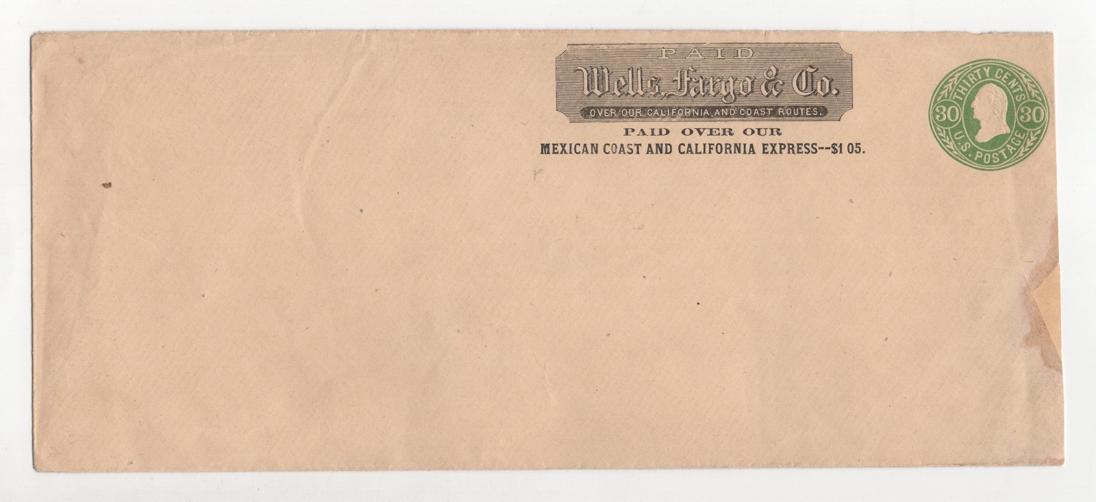 US 1864 SCOTT #U72A ENTIRE THIRTY CENTS WELLS FARGO POSTAL COVER