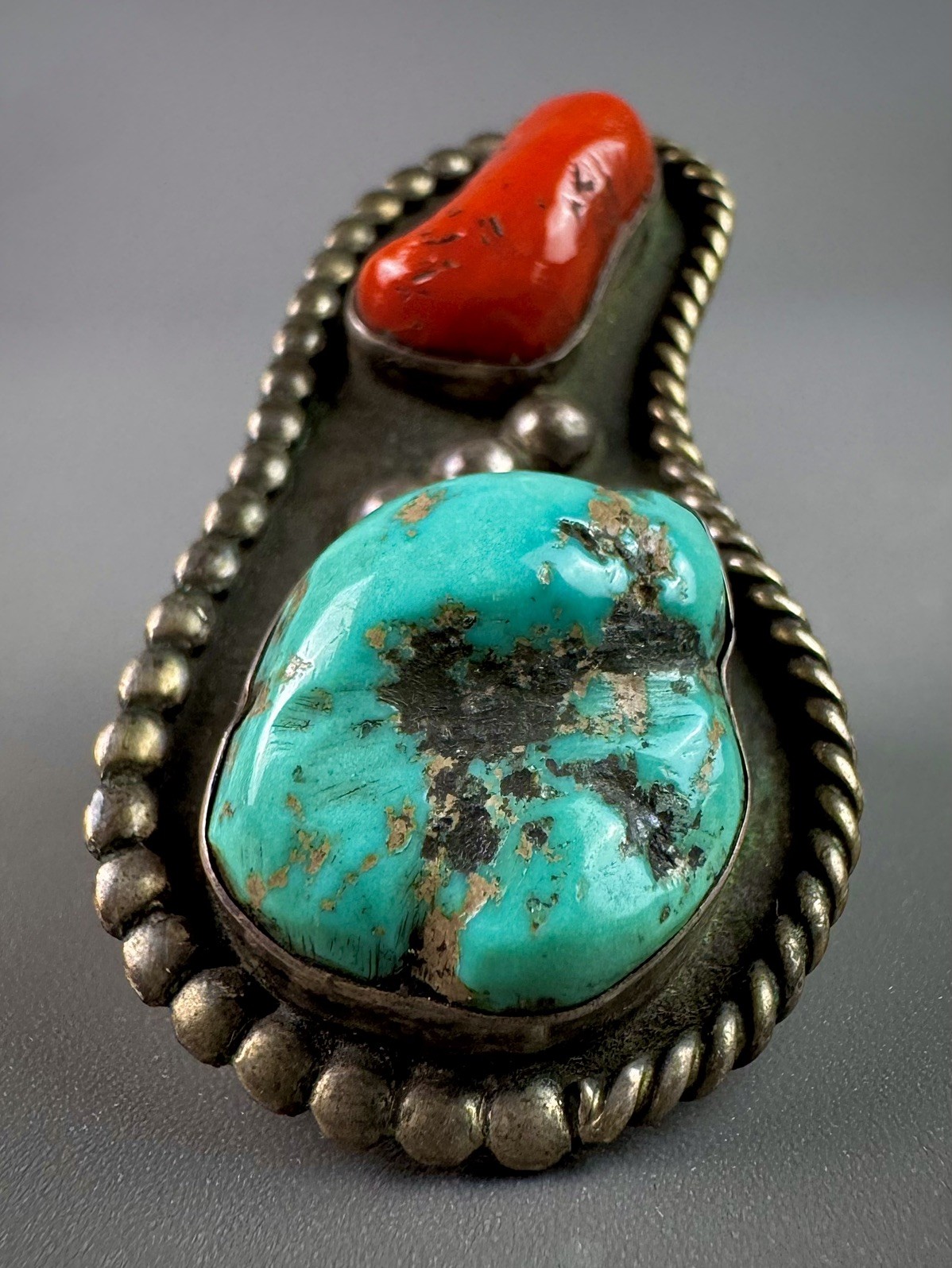 HUGE Vintage OLD PAWN Navajo Sterling Silver Turquoise & Coral Ring OVER 2” 