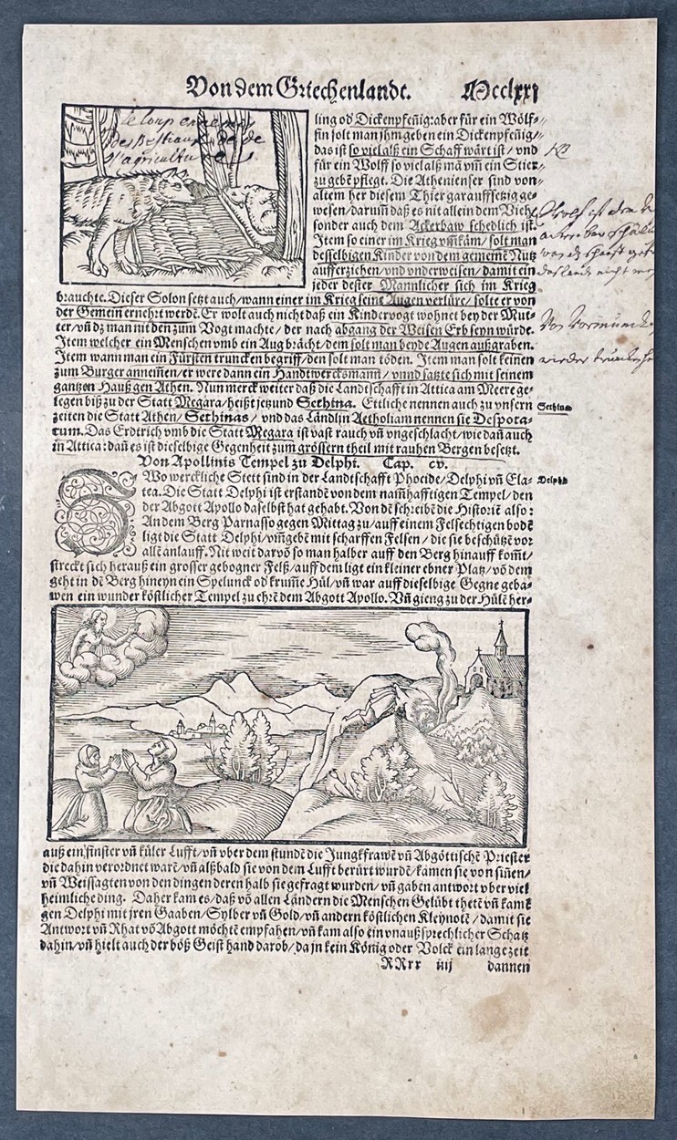 1598 Sebastian Munster Antique Print Wolf & Lamb, Temple of Apollo Delphi Greece