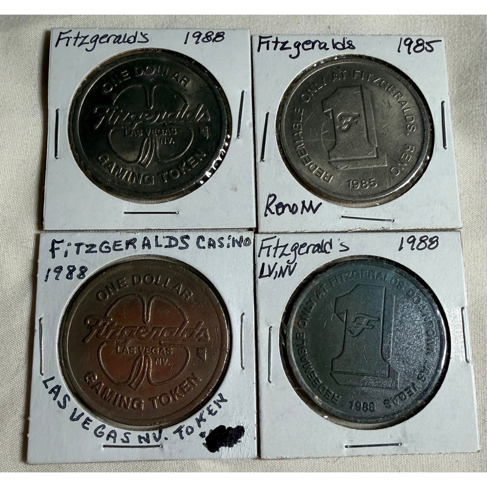 Lot of 4 Fitzgeralds Casino $1 Gaming Tokens Las Vegas Reno NV 1985 1988 Vintage Lot of 4 Fitzgeralds Casino $1 Gaming Tokens Las Vegas Reno NV 1985 1988 Vintage